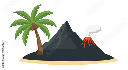 Tropical island scene featuring a volcano and palm tree illustration