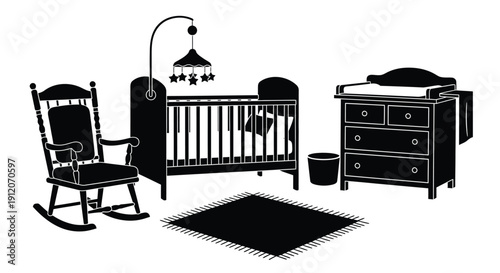 Black and white silhouette of a baby s nursery furniture set