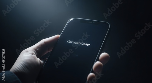 Hand holding phone with unknown caller display