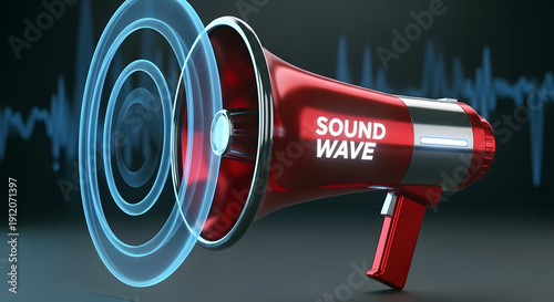 Red megaphone with sound wave emitting loudly