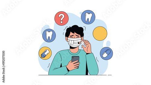 Distressed man with bandages on his jaw looks at his smartphone while surrounded by dental and medical icons for assistance.