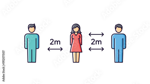 Three people maintain a safe distance of two meters from each other as indicated by arrows in this social distancing guide.
