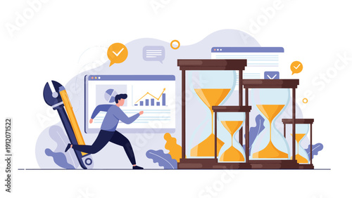 Man runs with a sense of urgency past giant hourglasses and business charts toward a deadline in a workspace environment.
