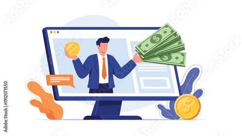 Financial advisor appears on a large computer monitor while holding gold coins and cash to discuss money management.