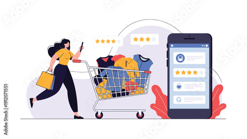 Fashionable woman uses her phone to shop for clothes while walking with a full grocery cart next to a large mobile app.