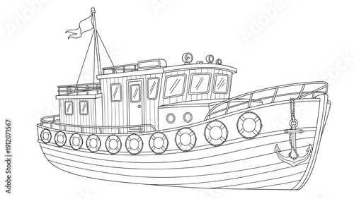 Detailed tugboat line art illustration for coloring book showing a marine vessel with anchor and lifebuoys on white background.