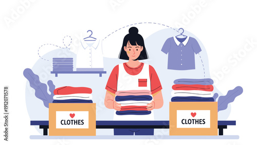 Woman organizes several stacks of folded clothes on a table for donation into boxes labeled with a heart symbol.