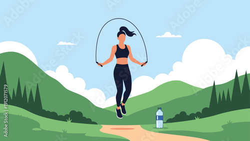 Active woman jumps rope in a beautiful mountain landscape during her morning outdoor fitness workout routine.