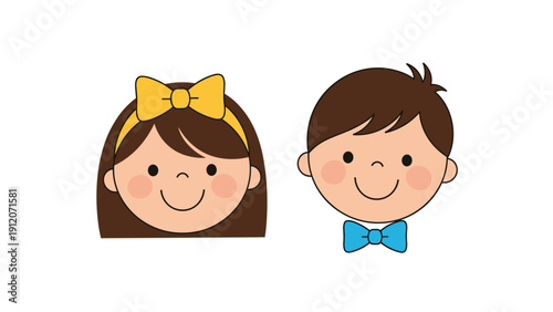 Cute cartoon faces of a little girl with a yellow hair bow and a boy wearing a blue bowtie smiling on white background.