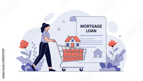 Woman pushes a grocery cart containing a small house model toward a giant mortgage loan document background.