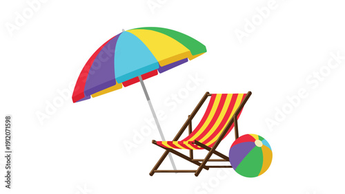 Beach vacation set with colorful striped umbrella, reclining deck chair and inflatable ball isolated on white background.