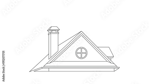 Simple and elegant line art illustration of a house roof gable featuring a chimney and a small circular window, perfect for architectural logos.