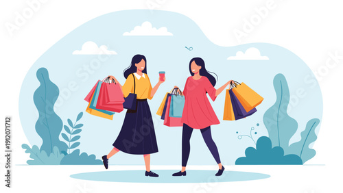 Two stylish young women walking and talking together while carrying multiple colorful shopping bags after a successful retail trip.