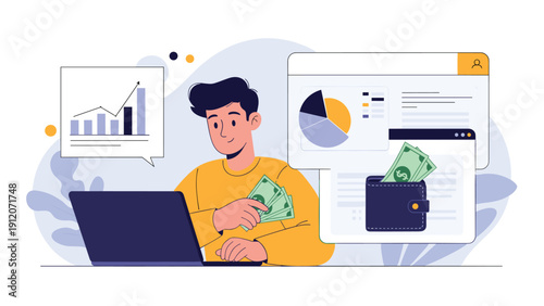 Young man analyzing financial data and statistics on a laptop while holding cash near a digital wallet with money icons.