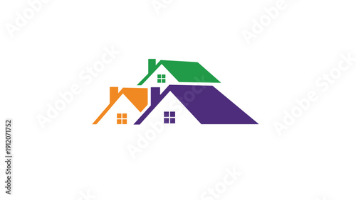 Creative logo design featuring three overlapping stylized house roofs in vibrant orange, green, and purple colors, representing a diverse community.