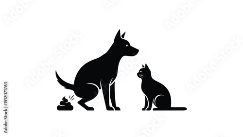 Humorous black silhouette of a dog and a cat sitting together near a small pile of waste, highlighting the common realities of pet ownership.
