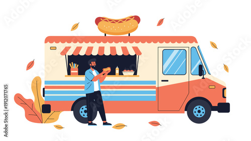 Happy man enjoying a fresh hot dog while standing next to a colorful street food truck decorated with seasonal autumn leaves.
