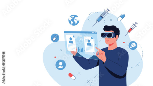 Healthcare professional using virtual reality glasses to analyze medical records and patient data related to vaccines and medicine.