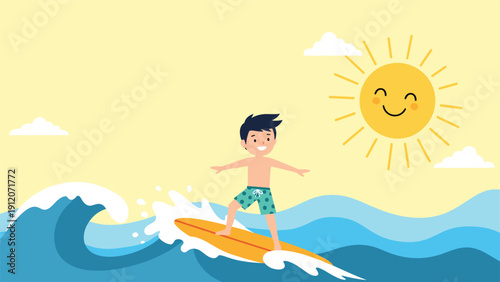 Young boy enjoys surfing on a blue ocean wave while a friendly cartoon sun smiles from the bright yellow sky above.
