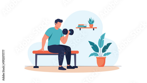 Athletic man sitting on a weight bench and performing bicep curls with a dumbbell while exercising in his home gym.