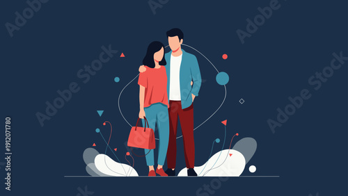 Young romantic couple standing close together and embracing while looking stylish in casual outfits against a dark background.