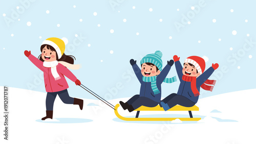 Group of happy children enjoy winter fun as a young girl pulls two boys on a yellow sled through the falling white snow.