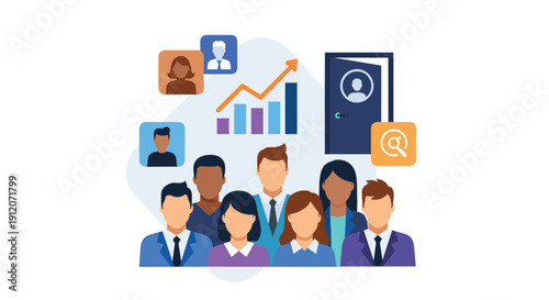 A diverse group of professionals representing a growing team, with icons for recruitment, career opportunities, and business development.