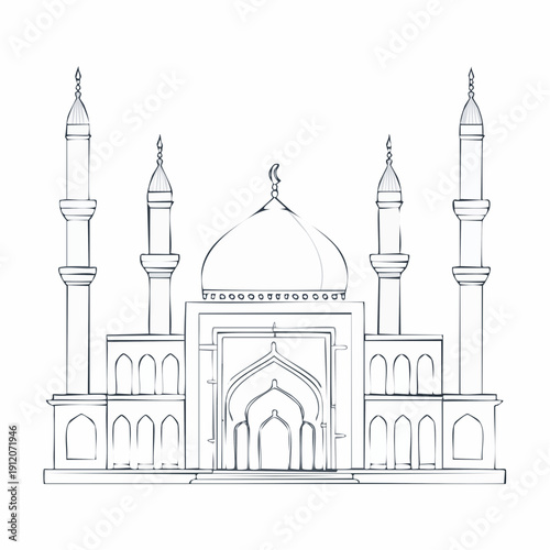 Islamic mosque architecture with minarets and dome illustration.