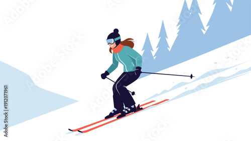 Young woman in winter gear skis down a snowy mountain slope with tall pine trees visible in the soft blue background.