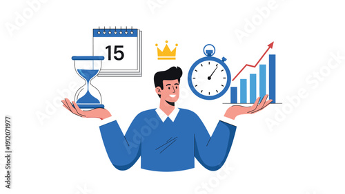 Man holding hourglass and growth chart in hands surrounded by time management icons like clock and calendar for professional success.