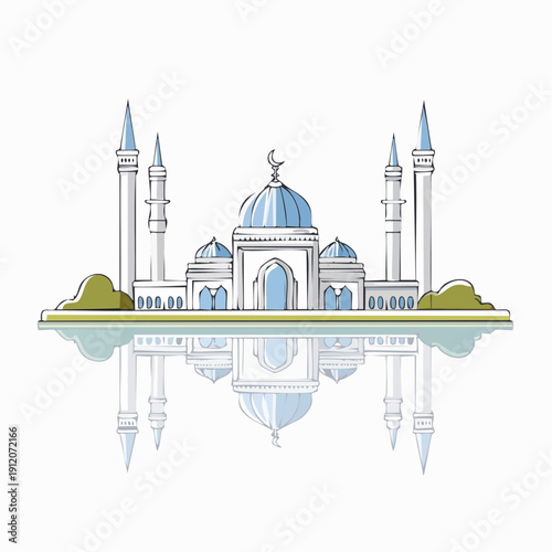 Illustration of Taj Mahal mosque with blue domes and minarets reflected in water.
