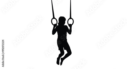 Silhouette of a gymnast performing a ring exercise against a white background