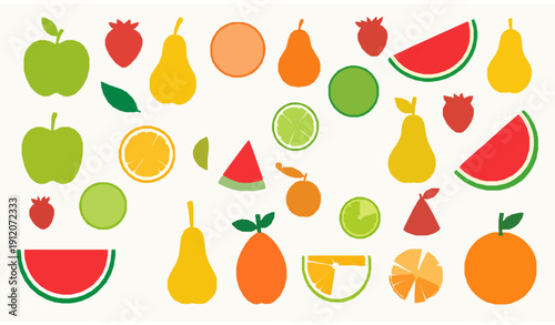 Flat simple fruit vector icons apple pear watermelon orange