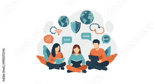 A group of people sitting together, engaged in learning and discussion about global connectivity, cloud technology, and online safety.