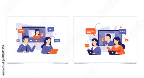 A set of two illustrations showing business teams collaborating remotely through video conferencing, having discussions and online meetings.