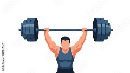Strong man lifts a heavy barbell with large weights over his head, demonstrating power and success in a weightlifting feat.