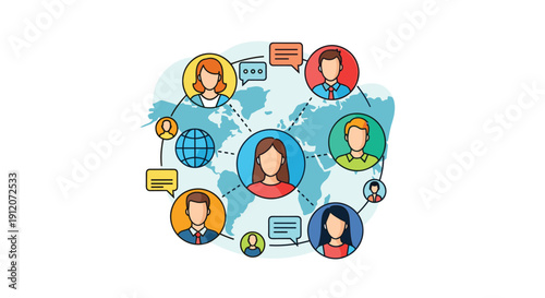 A central person connected to a global network of diverse individuals, illustrating social networking, teamwork, and worldwide communication.