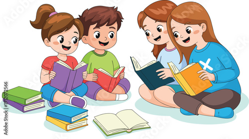 Happy diverse children reading colorful books together, joyful kids learning in group for educational materials, nursery decor, and creative projects