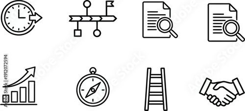 Creative Idea and Innovation Icon Set. Lightbulb and Growth Symbols for Problem Solving. Intellectual Property and Sustainable Thinking. Minimalist Line Art Vector Graphics.