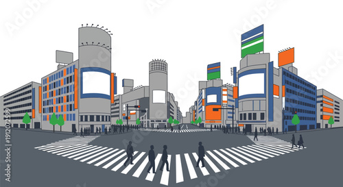 Stylized illustration of a modern city street with prominent billboards