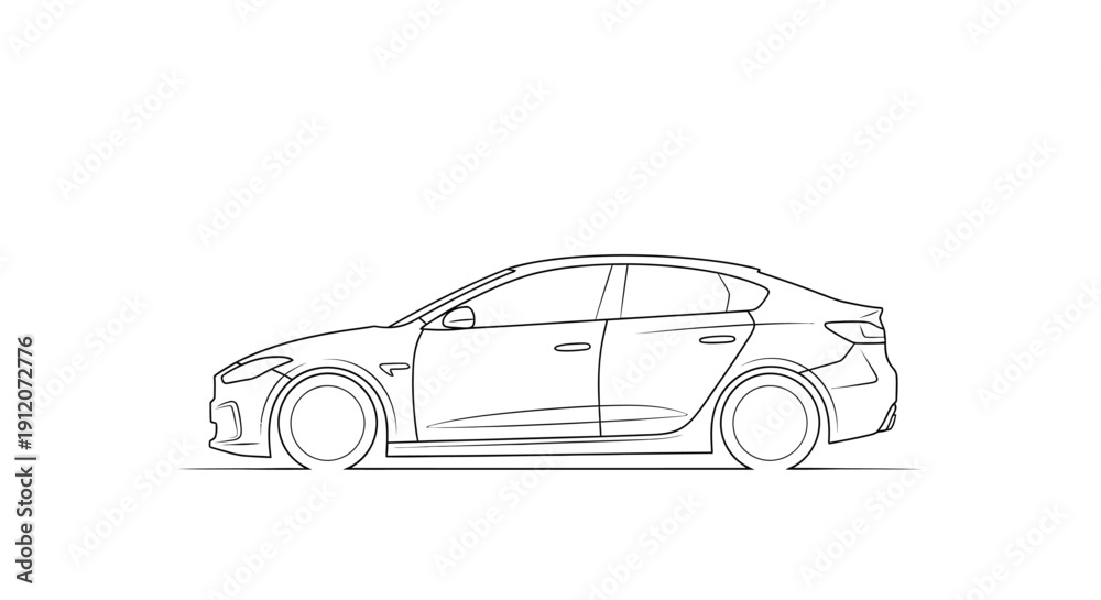 Fototapeta premium Line drawing of a modern sports car likely an electric vehicle in profile view