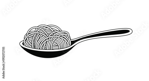 A black and white illustration of noodles served in a spoon