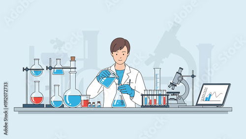 Scientist Working in Laboratory with Experiments and Equipment
