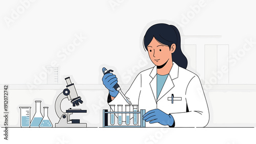 Scientist working in laboratory with microscope and test tubes, illustration