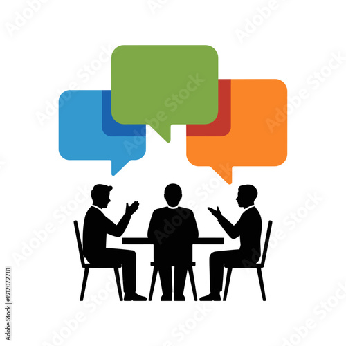 Three silhouetted figures sit around a table engaged in conversation.