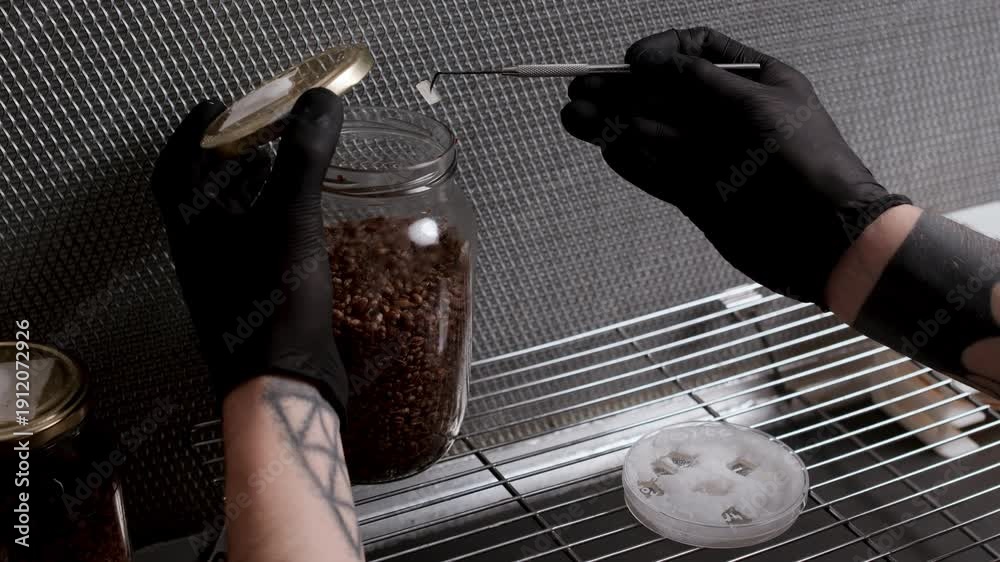 A sterile metal instrument transfers agar fragments with white mycelium ...