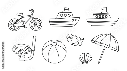 Seaside Essentials: An illustration of a bike, two boats, snorkeling gears, a beach ball, a seashell, an umbrella, and a cute snail, embodies the spirit of summer vacations and maritime adventures.