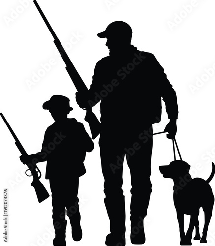 Black vector silhouette of a father and son walking together while hunting with rifles and a loyal dog for outdoor adventure and family bonding,