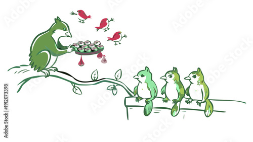 A squirrel standing on a branch, dropping gold coins into a charity box held by a group of birds below.