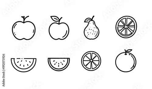 Thin line healthy fruits vector icon set apple pear watermelon orange
